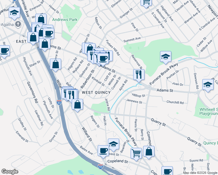 map of restaurants, bars, coffee shops, grocery stores, and more near 9 Kimball Street in Quincy