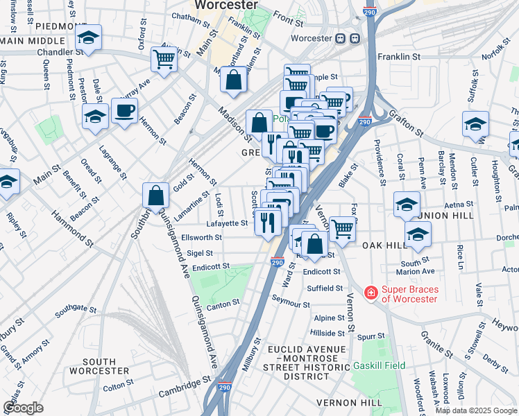 map of restaurants, bars, coffee shops, grocery stores, and more near 14 Scott Street in Worcester