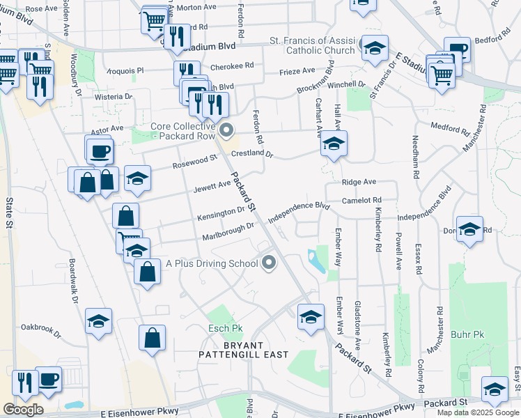 map of restaurants, bars, coffee shops, grocery stores, and more near 2407 Packard Street in Ann Arbor