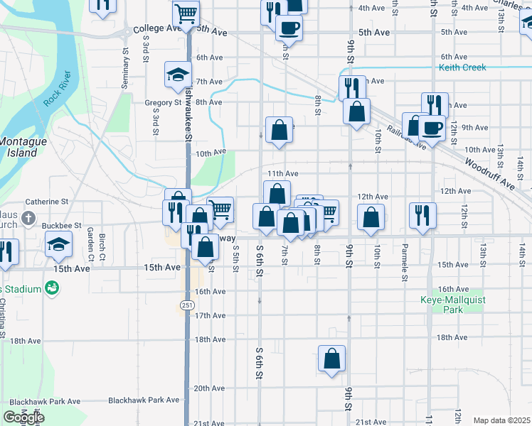 map of restaurants, bars, coffee shops, grocery stores, and more near 1322 South 6th Street in Rockford