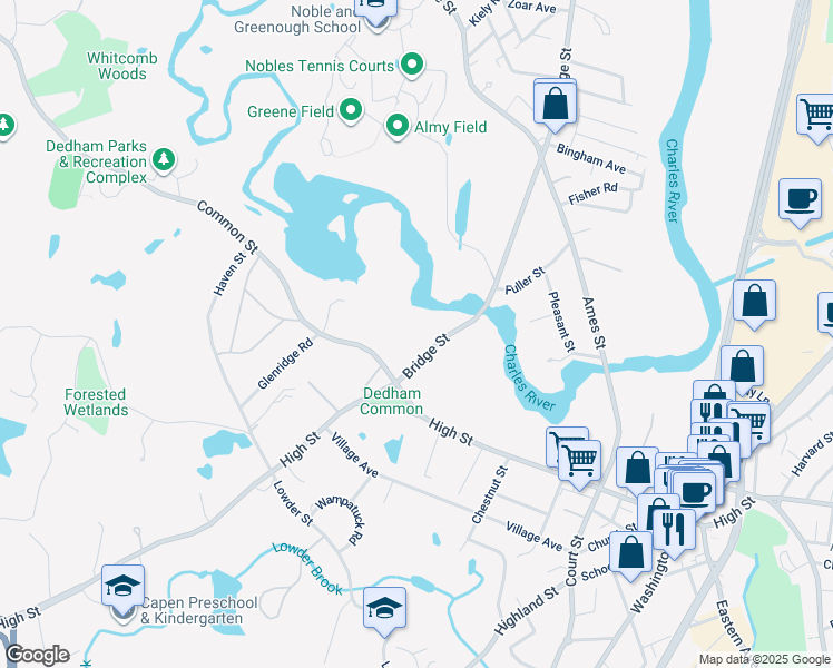 map of restaurants, bars, coffee shops, grocery stores, and more near 577 Bridge Street in Dedham
