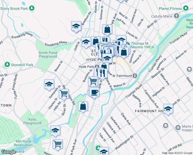 map of restaurants, bars, coffee shops, grocery stores, and more near 1329 Hyde Park Avenue in Boston