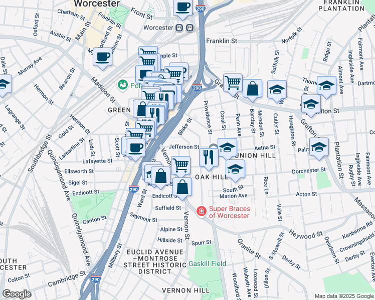 map of restaurants, bars, coffee shops, grocery stores, and more near 18 Jefferson Street in Worcester