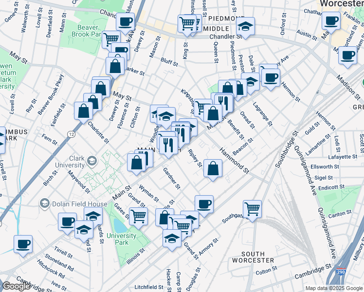 map of restaurants, bars, coffee shops, grocery stores, and more near 880 Main Street in Worcester