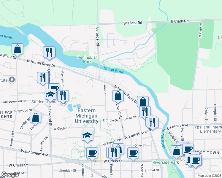 map of restaurants, bars, coffee shops, grocery stores, and more near 809 North Huron Street in Ypsilanti