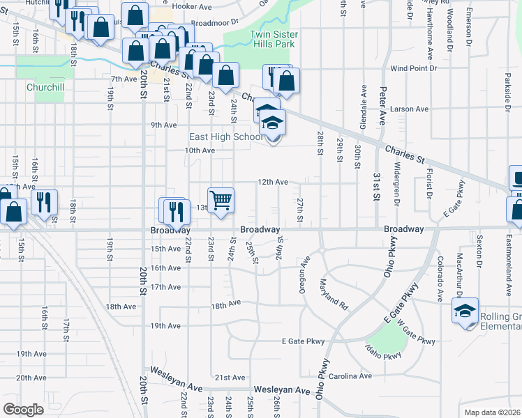 map of restaurants, bars, coffee shops, grocery stores, and more near 1406 25th Street in Rockford
