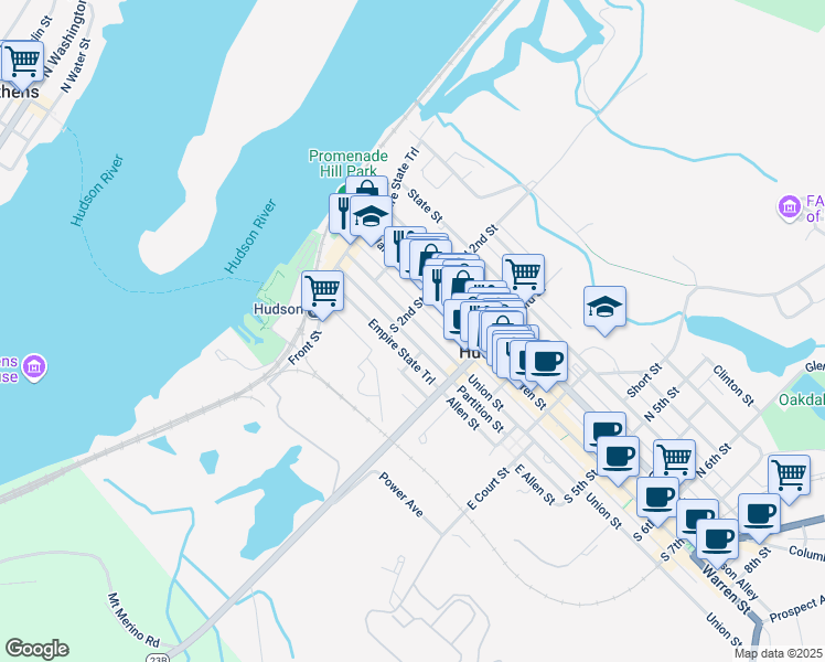 map of restaurants, bars, coffee shops, grocery stores, and more near 209-211 Union Street in Hudson