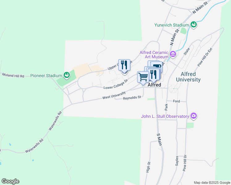 map of restaurants, bars, coffee shops, grocery stores, and more near 60 West University Street in Alfred