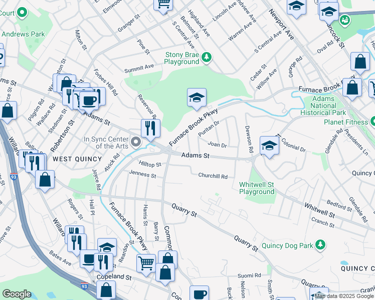 map of restaurants, bars, coffee shops, grocery stores, and more near 435 Adams Street in Quincy