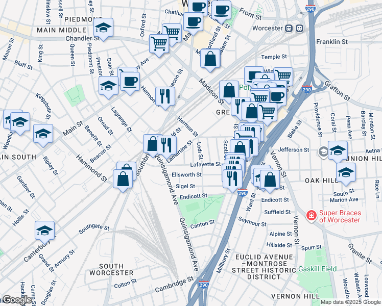 map of restaurants, bars, coffee shops, grocery stores, and more near 13 Langdon Street in Worcester