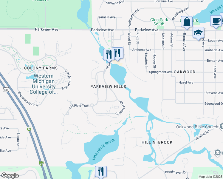 map of restaurants, bars, coffee shops, grocery stores, and more near 3721 Greenleaf Circle in Kalamazoo