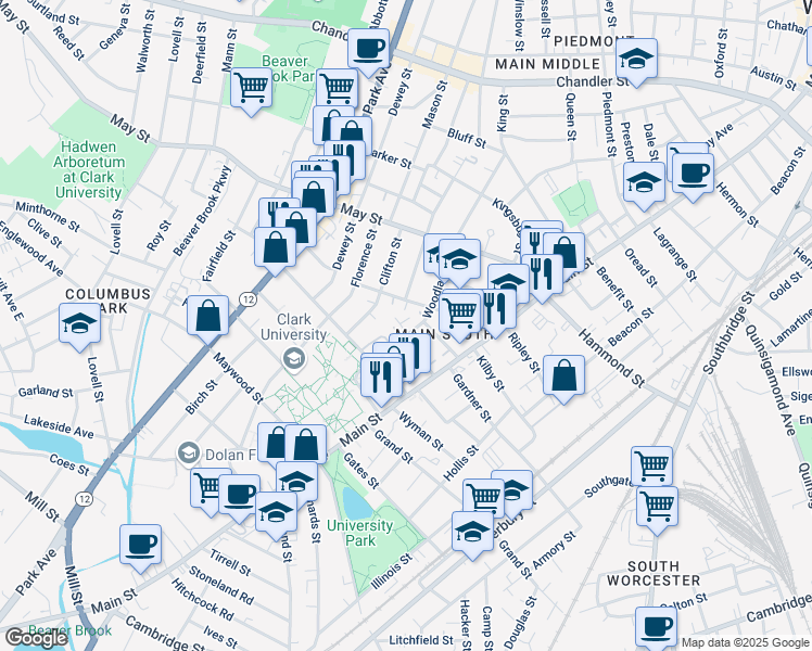 map of restaurants, bars, coffee shops, grocery stores, and more near 114 Woodland St in Worcester