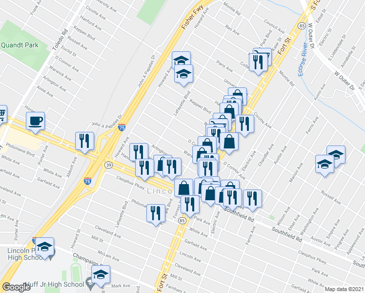 map of restaurants, bars, coffee shops, grocery stores, and more near 1402 Warwick Avenue in Lincoln Park