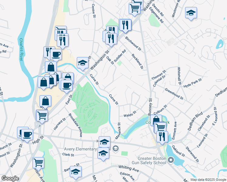 map of restaurants, bars, coffee shops, grocery stores, and more near 43 Hitchins Drive in Dedham