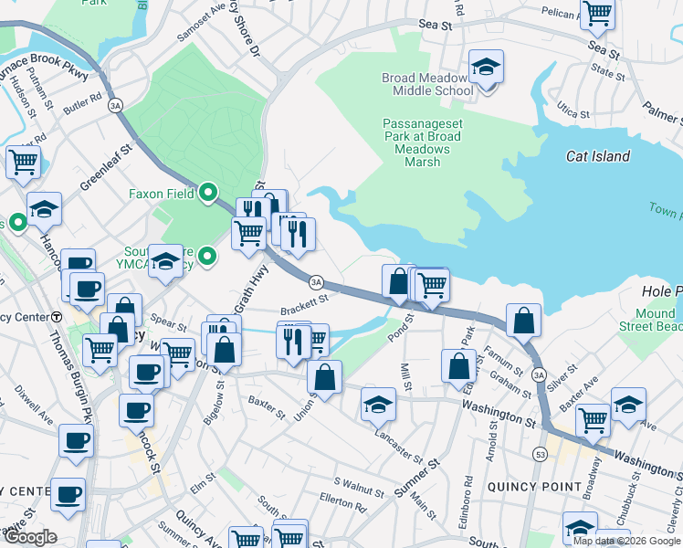 map of restaurants, bars, coffee shops, grocery stores, and more near 158 Field Street in Quincy