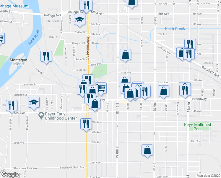 map of restaurants, bars, coffee shops, grocery stores, and more near 1318 South 5th Street in Rockford
