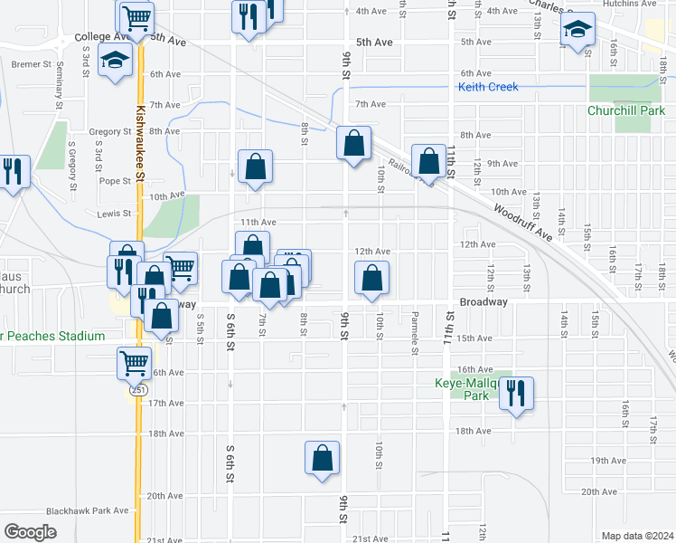 map of restaurants, bars, coffee shops, grocery stores, and more near 1321 9th Street in Rockford