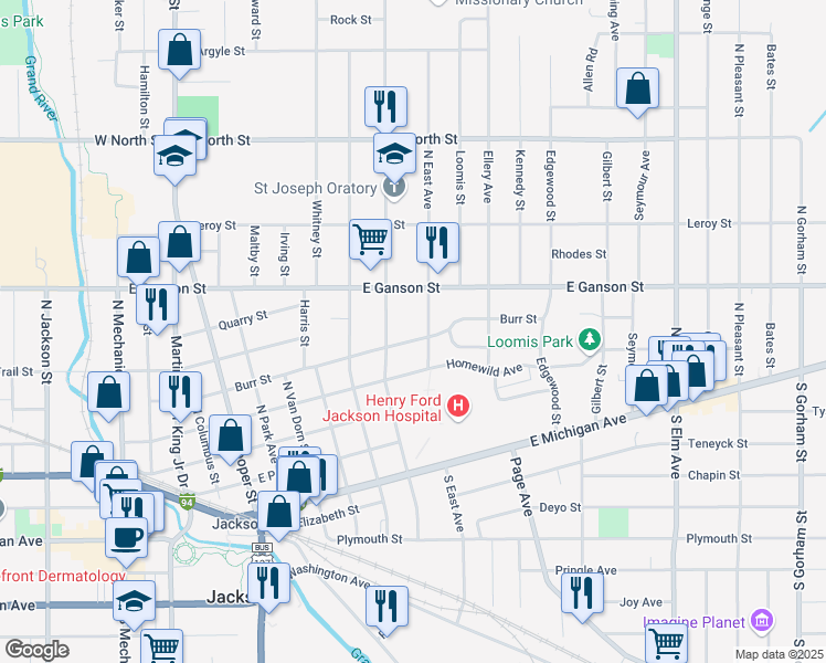 map of restaurants, bars, coffee shops, grocery stores, and more near 1014 Burr Street in Jackson