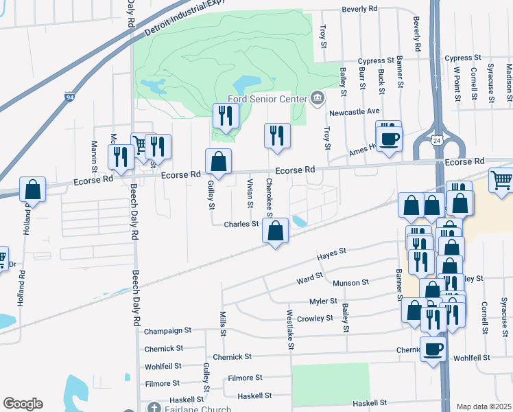map of restaurants, bars, coffee shops, grocery stores, and more near 7215 Vivian Street in Taylor