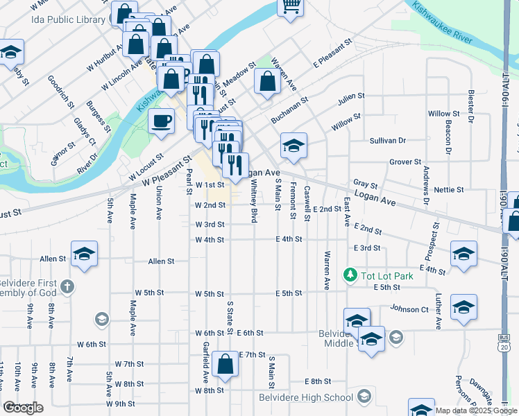 map of restaurants, bars, coffee shops, grocery stores, and more near 704 Whitney Boulevard in Belvidere