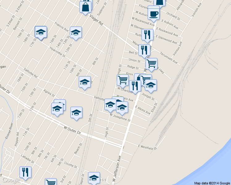 map of restaurants, bars, coffee shops, grocery stores, and more near 3971 High Street in Ecorse