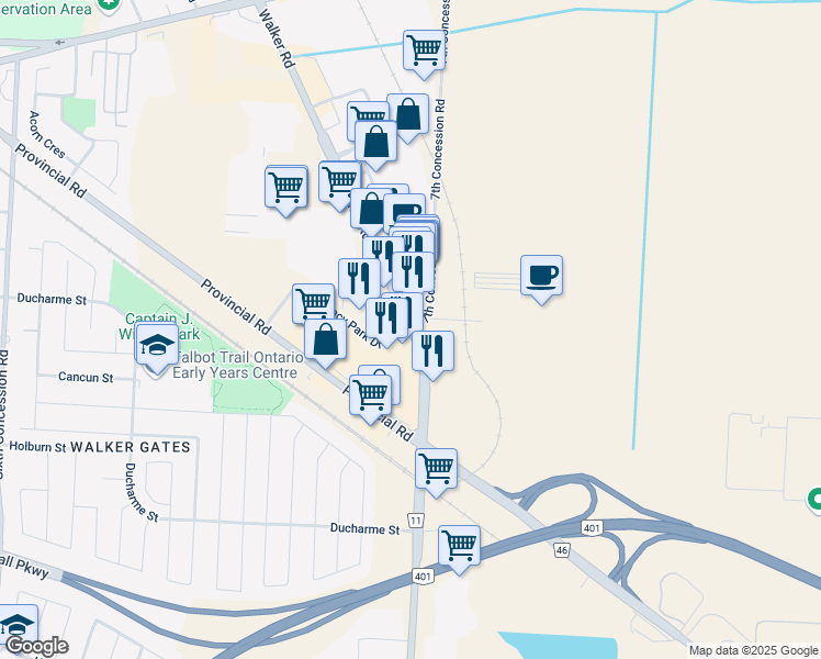 map of restaurants, bars, coffee shops, grocery stores, and more near 4722 Legacy Park Drive in Windsor