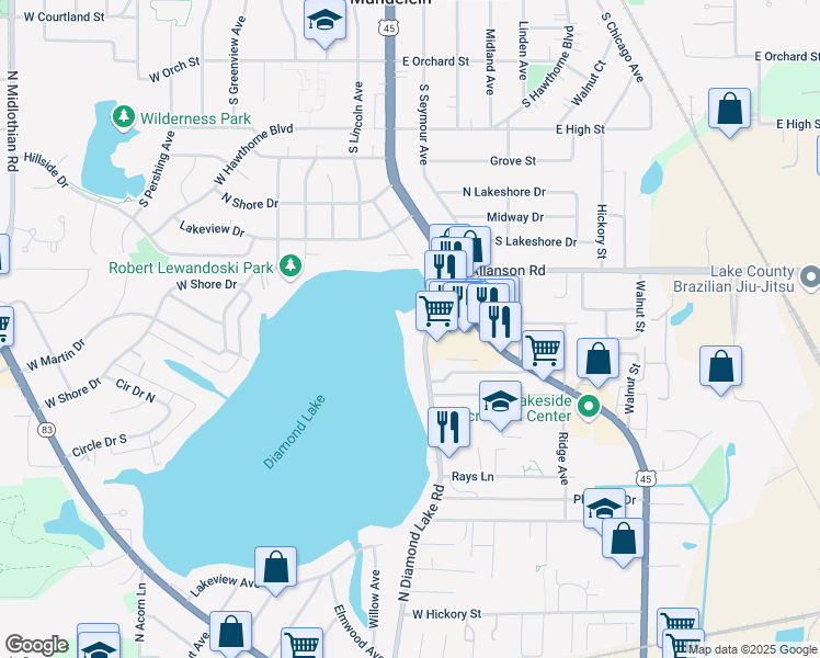 map of restaurants, bars, coffee shops, grocery stores, and more near 728 North Diamond Lake Road in Mundelein