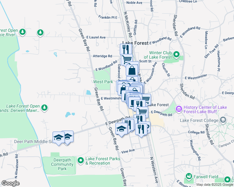 map of restaurants, bars, coffee shops, grocery stores, and more near 760 Oakwood Avenue in Lake Forest