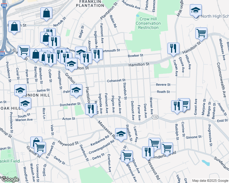 map of restaurants, bars, coffee shops, grocery stores, and more near 161 Pilgrim Avenue in Worcester