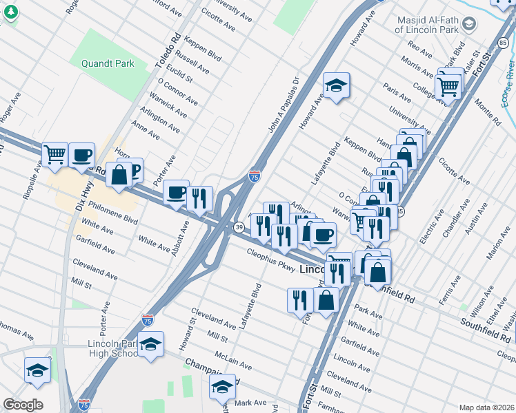 map of restaurants, bars, coffee shops, grocery stores, and more near 1556 Anne Avenue in Lincoln Park
