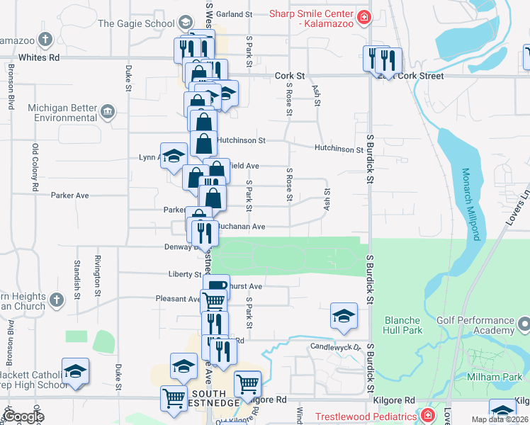 map of restaurants, bars, coffee shops, grocery stores, and more near 217 Parker Avenue in Kalamazoo