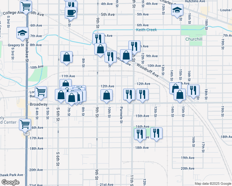 map of restaurants, bars, coffee shops, grocery stores, and more near 1319 Parmele Street in Rockford