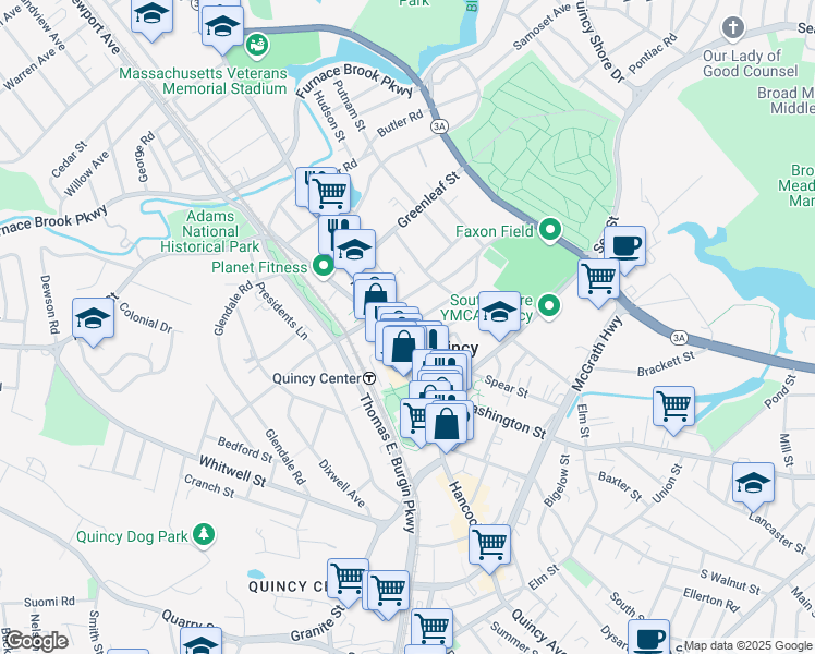 map of restaurants, bars, coffee shops, grocery stores, and more near 18 Russell Park in Quincy