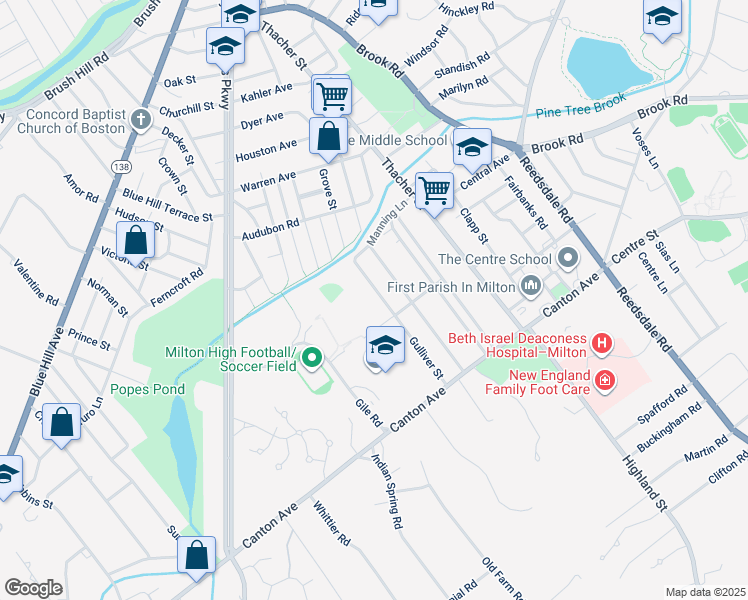map of restaurants, bars, coffee shops, grocery stores, and more near 108 Gulliver Street in Milton