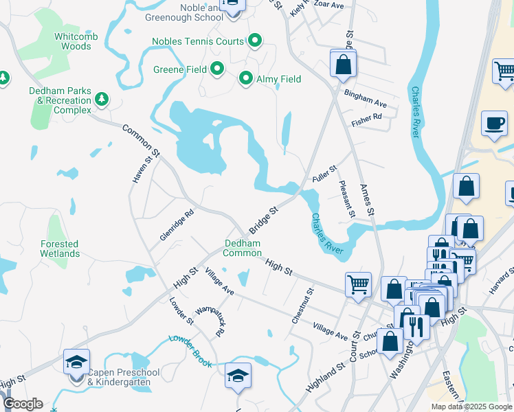 map of restaurants, bars, coffee shops, grocery stores, and more near 577 Bridge Street in Dedham