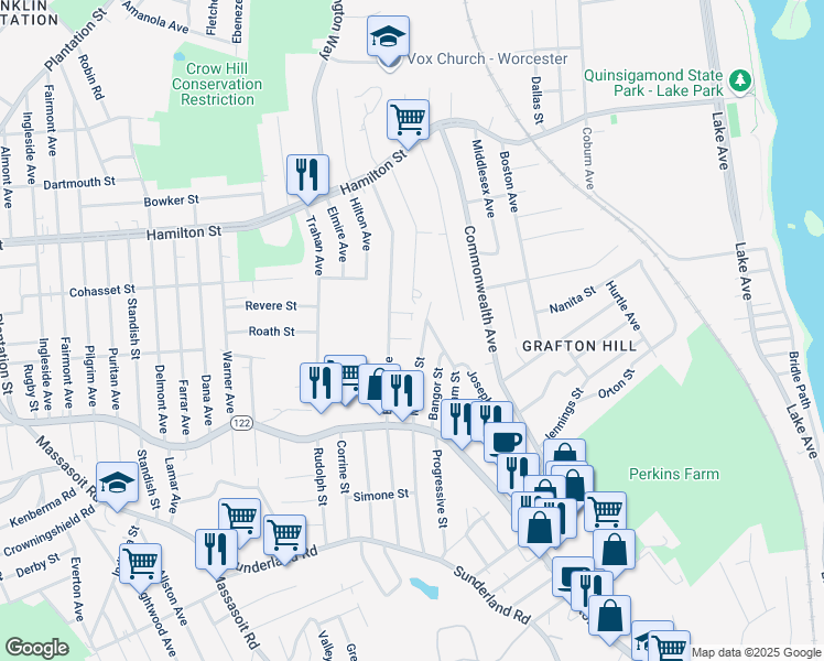 map of restaurants, bars, coffee shops, grocery stores, and more near 1 Marie Street in Worcester