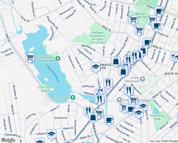 map of restaurants, bars, coffee shops, grocery stores, and more near 6 Columbus Street in Worcester