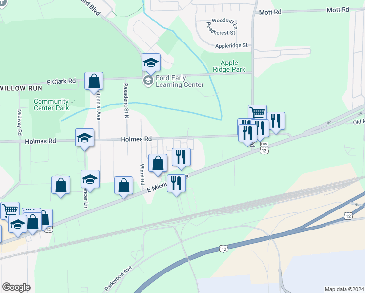 map of restaurants, bars, coffee shops, grocery stores, and more near 2580 Holmes Road in Ypsilanti