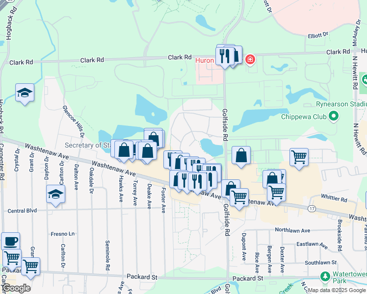 map of restaurants, bars, coffee shops, grocery stores, and more near 2360-2498 Twin Lakes Drive in Ypsilanti