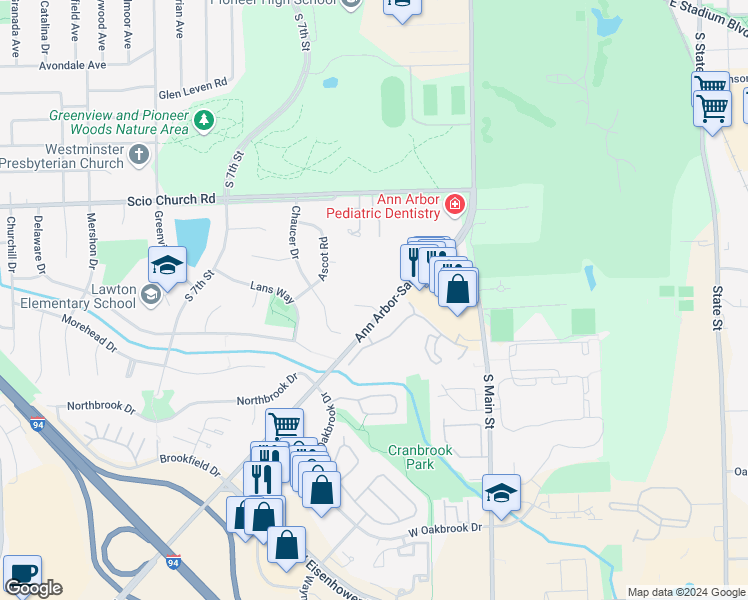 map of restaurants, bars, coffee shops, grocery stores, and more near 452 Village Oaks Court in Ann Arbor