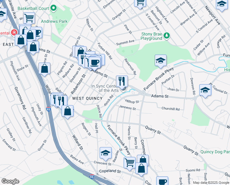 map of restaurants, bars, coffee shops, grocery stores, and more near 33 Alrick Road in Quincy