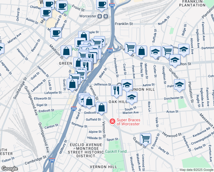 map of restaurants, bars, coffee shops, grocery stores, and more near 24 Jefferson Street in Worcester