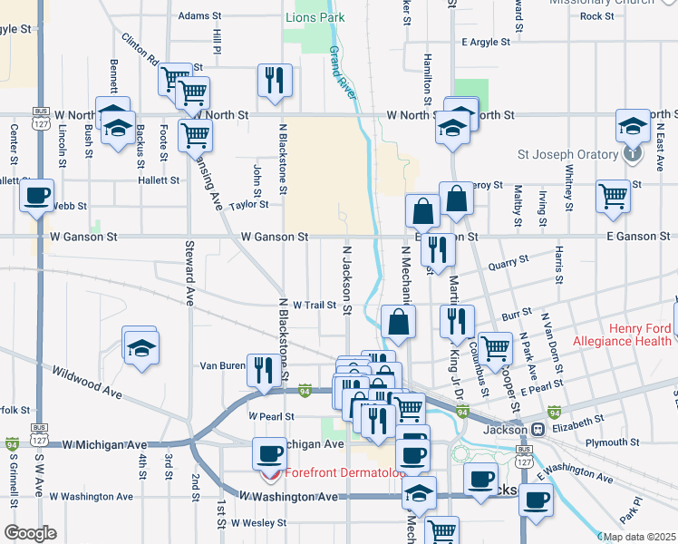 map of restaurants, bars, coffee shops, grocery stores, and more near 524 North Jackson Street in Jackson