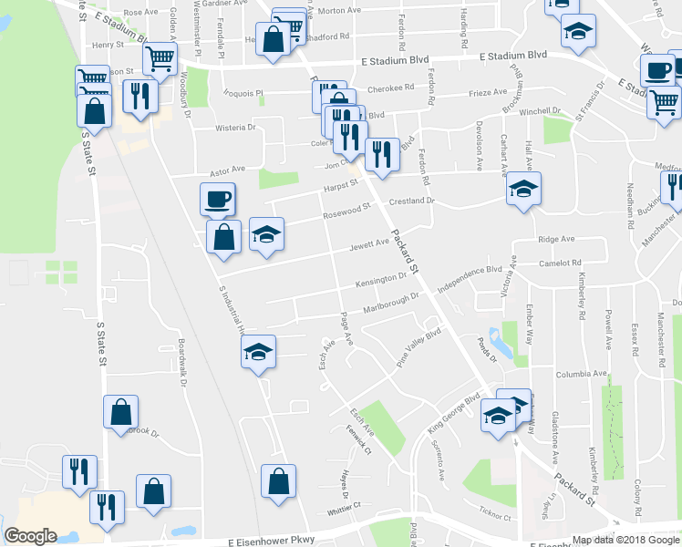 map of restaurants, bars, coffee shops, grocery stores, and more near 2309 Page Avenue in Ann Arbor