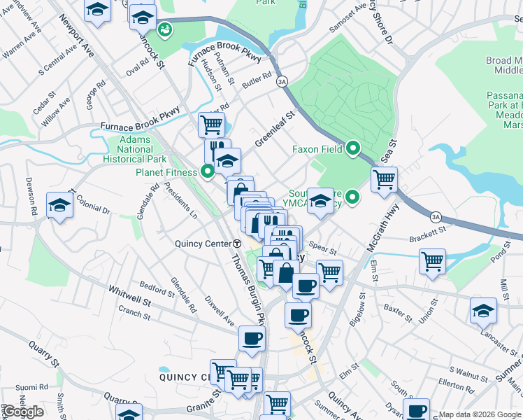 map of restaurants, bars, coffee shops, grocery stores, and more near 18 Russell Park in Quincy