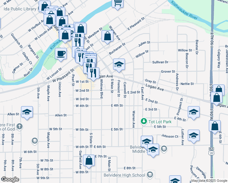 map of restaurants, bars, coffee shops, grocery stores, and more near 704 South Main Street in Belvidere