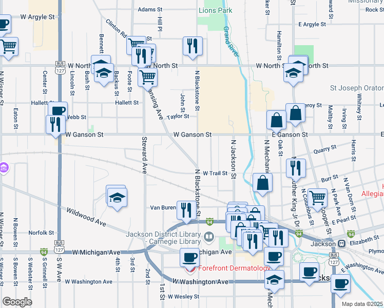 map of restaurants, bars, coffee shops, grocery stores, and more near 511 Lansing Avenue in Jackson