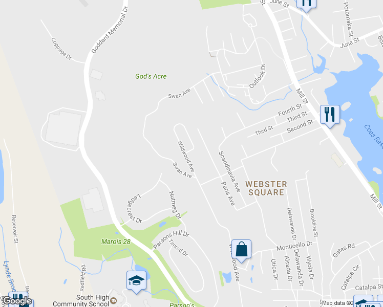 map of restaurants, bars, coffee shops, grocery stores, and more near 5 Scarsdale Street in Worcester