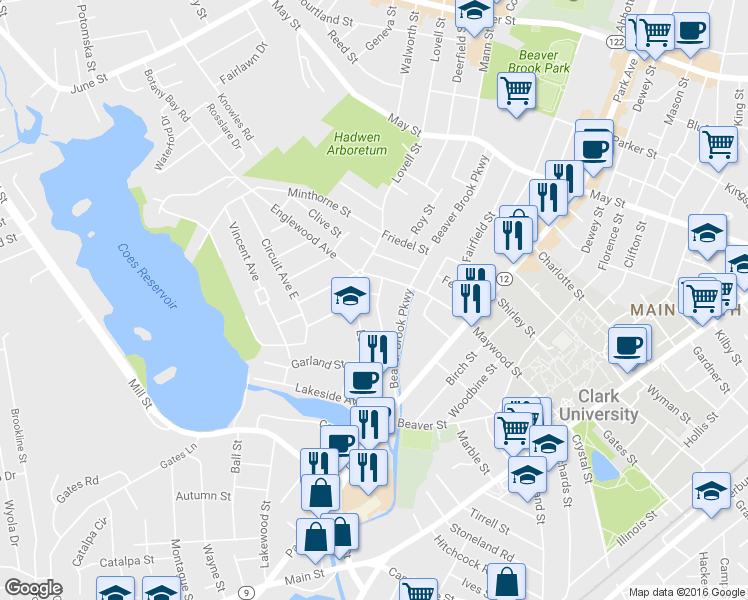 map of restaurants, bars, coffee shops, grocery stores, and more near 5 Becket Street in Worcester