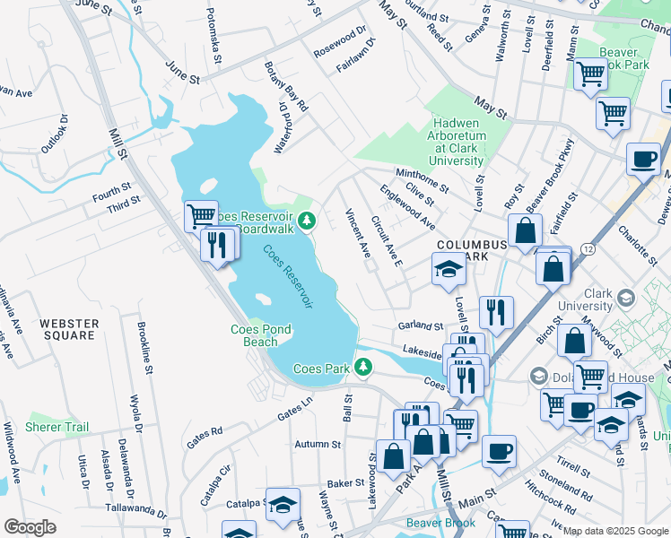 map of restaurants, bars, coffee shops, grocery stores, and more near 10 Circuit Ave W in Worcester